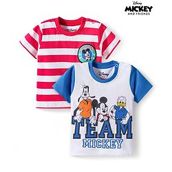 Babyhug Disney Single Jersey Half Sleeves Drop Sholuder T-Shirt with Mickey Mouse & Friends Graphic & Patch Pack of 2 - Multicolour