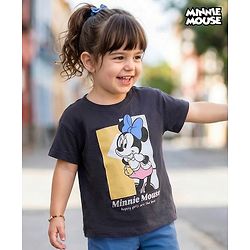 Babyhug Disney Knit Half Sleeves Drop Shoulder T-Shirt With Minnie Mouse Graphics & Foil Print Detailing - Black