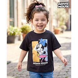 Babyhug Disney Knit Half Sleeves Drop Shoulder T-Shirt With Minnie Mouse Graphics & Foil Print Detailing - Black