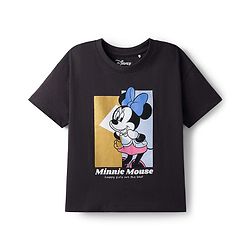 Babyhug Disney Knit Half Sleeves Drop Shoulder T-Shirt With Minnie Mouse Graphics & Foil Print Detailing - Black