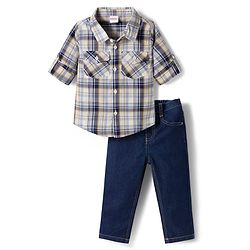 Babyhug Cotton Denim Full Sleeves Checkered Shirt & Jeans Set- Blue