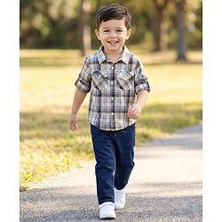 Babyhug Cotton Denim Full Sleeves Checkered Shirt & Jeans Set- Blue