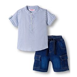 Babyhug Cotton Woven Half Sleeves Mandarin Collar Stripes Shirt & Shorts  Set - Light Blue
