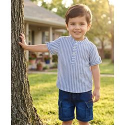 Babyhug Cotton Woven Half Sleeves Mandarin Collar Stripes Shirt & Shorts  Set - Light Blue
