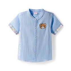 Babyhug Cotton Woven Half Sleeves Bear Printed Shirt & Checkered Shorts - Blue