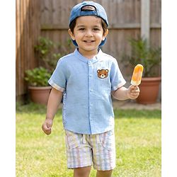 Babyhug Cotton Woven Half Sleeves Bear Printed Shirt & Checkered Shorts - Blue