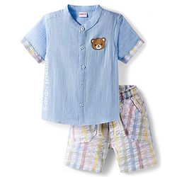 Babyhug Cotton Woven Half Sleeves Bear Printed Shirt & Checkered Shorts - Blue