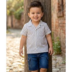 Babyhug Cotton Woven Half Sleeves Striped Shirt & Denim Shorts Set - Blue