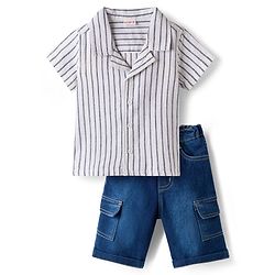 Babyhug Cotton Woven Half Sleeves Striped Shirt & Denim Shorts Set - Blue