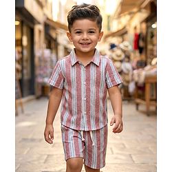Babyhug Cotton Woven Half Sleeves Co-ords Striped Shirt & Shorts Set - Multicolor
