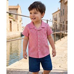Babyhug Cotton Woven Half Sleeves Striped Shirt & Denim Shorts Set - Multicolor