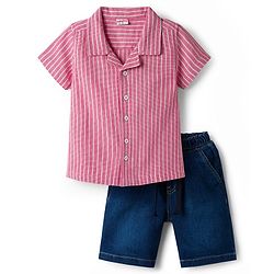 Babyhug Cotton Woven Half Sleeves Striped Shirt & Denim Shorts Set - Multicolor