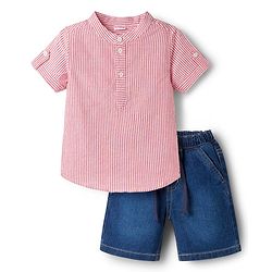 Babyhug Cotton Woven Half Sleeves Striped Shirt & Denim Shorts Set - Blue