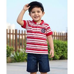 Babyhug Cotton Knit Half Sleeves Striped Polo T-Shirt & Shorts Set With Anchor Patch - Multicolor & Blue