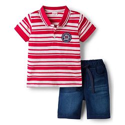 Babyhug Cotton Knit Half Sleeves Striped Polo T-Shirt & Shorts Set With Anchor Patch - Multicolor & Blue