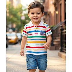 Babyhug Cotton Knit Half Sleeves Striped Polo T-Shirt & Denim Short Set - Blue