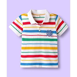 Babyhug Cotton Knit Half Sleeves Striped Polo T-Shirt & Denim Short Set - Blue