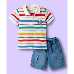 Babyhug Cotton Knit Half Sleeves Striped Polo T-Shirt & Denim Short Set - Blue