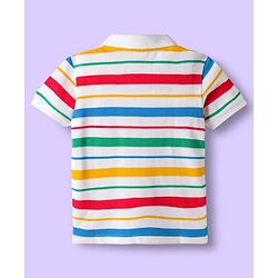 Babyhug Cotton Knit Half Sleeves Striped Polo T-Shirt & Denim Short Set - Blue