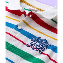 Babyhug Cotton Knit Half Sleeves Striped Polo T-Shirt & Denim Short Set - Blue