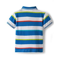 Babyhug Cotton Knit Half Sleeves Striped Polo T-Shirt & Shorts Set With Teddy Bear Patch - Multicolor & Blue