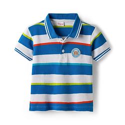 Babyhug Cotton Knit Half Sleeves Striped Polo T-Shirt & Shorts Set With Teddy Bear Patch - Multicolor & Blue