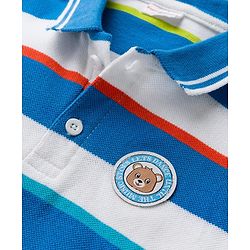 Babyhug Cotton Knit Half Sleeves Striped Polo T-Shirt & Shorts Set With Teddy Bear Patch - Multicolor & Blue