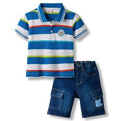 Babyhug Cotton Knit Half Sleeves Striped Polo T-Shirt & Shorts Set With Teddy Bear Patch - Multicolor & Blue