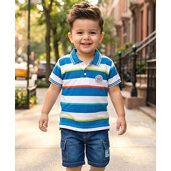 Babyhug Cotton Knit Half Sleeves Striped Polo T-Shirt & Shorts Set With Teddy Bear Patch - Multicolor & Blue
