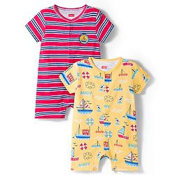 Babyhug 100% Cotton Knit Half Sleeves Front Open Striped Rompers with Nautical Theme Print Pack of 2 - Multicolor