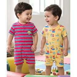Babyhug 100% Cotton Knit Half Sleeves Front Open Striped Rompers with Nautical Theme Print Pack of 2 - Multicolor