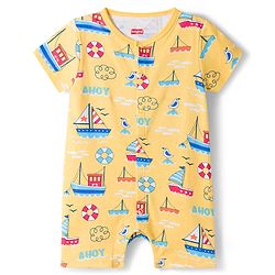 Babyhug 100% Cotton Knit Half Sleeves Front Open Striped Rompers with Nautical Theme Print Pack of 2 - Multicolor