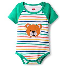 Babyhug 100% Cotton Knit Half Raglan Sleeves Onesie With Teddy Bear Print - Green