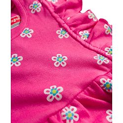 Babyhug 100% Cotton Knit Frill Sleeves Onesie with Hairband & Booties Set with Floral Print - Pink