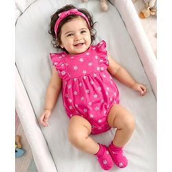 Babyhug 100% Cotton Knit Frill Sleeves Onesie with Hairband & Booties Set with Floral Print - Pink