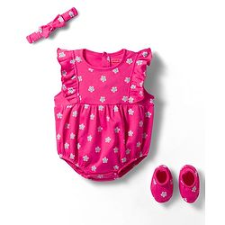 Babyhug 100% Cotton Knit Frill Sleeves Onesie with Hairband & Booties Set with Floral Print - Pink