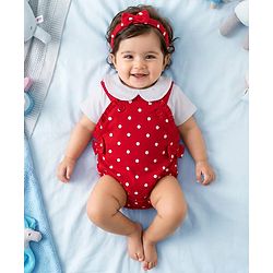 Babyhug 100% Cotton Knit Half Sleeves Onesie with Hairband & Polka Dot Print - Red