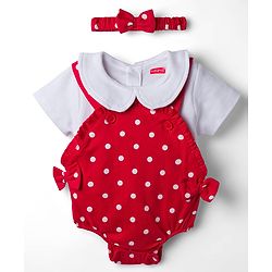 Babyhug 100% Cotton Knit Half Sleeves Onesie with Hairband & Polka Dot Print - Red
