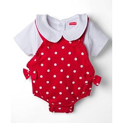 Babyhug 100% Cotton Knit Half Sleeves Onesie with Hairband & Polka Dot Print - Red