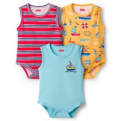 Babyhug 100% Cotton Knit Sleeveless Striped & Boat Printed Onesies Pack of 3 - Multicolor