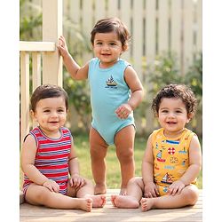 Babyhug 100% Cotton Knit Sleeveless Striped & Boat Printed Onesies Pack of 3 - Multicolor