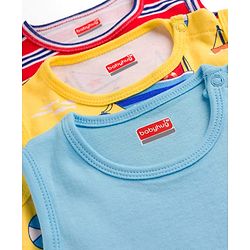 Babyhug 100% Cotton Knit Sleeveless Striped & Boat Printed Onesies Pack of 3 - Multicolor