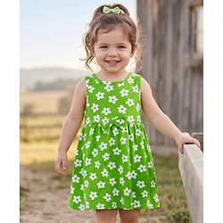 Babyhug Single Jersey Knit Sleeveless Frock with Floral Print & Bow Applique - Green