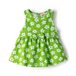 Babyhug Single Jersey Knit Sleeveless Frock with Floral Print & Bow Applique - Green