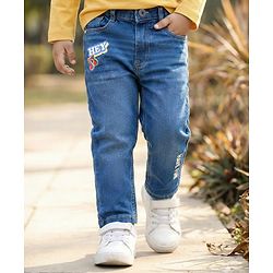Babyhug Full Length Washed Denim Jeans With Text Print & Stretch - Blue