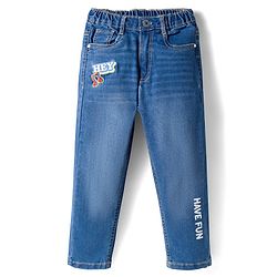 Babyhug Full Length Washed Denim Jeans With Text Print & Stretch - Blue