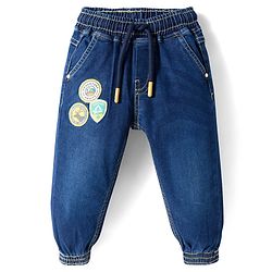 Babyhug Full Length Washed Denim Jeans With Patch Detailing & Stretch - Blue