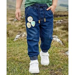 Babyhug Full Length Washed Denim Jeans With Patch Detailing & Stretch - Blue