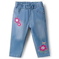 Babyhug Full Length Washed Denim Jeans With Floral Embroidery & Stretch - Light Blue