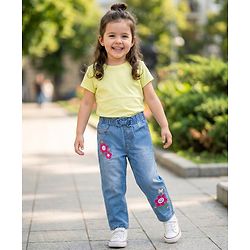 Babyhug Full Length Washed Denim Jeans With Floral Embroidery & Stretch - Light Blue